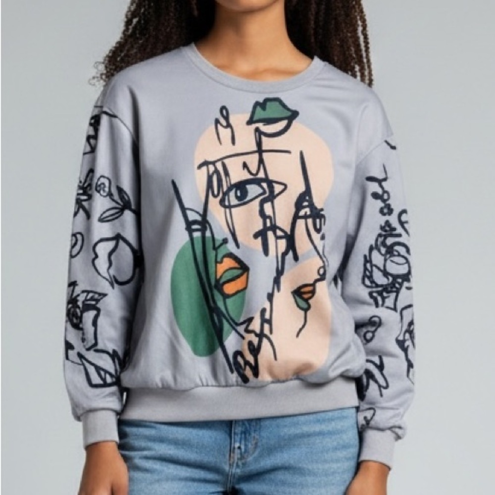 BOUTIQUE GRAY ABSTRACT PRINT GRAPHIC LONG SLEEVE PULLOVER SWEATSHIRT SZ XS